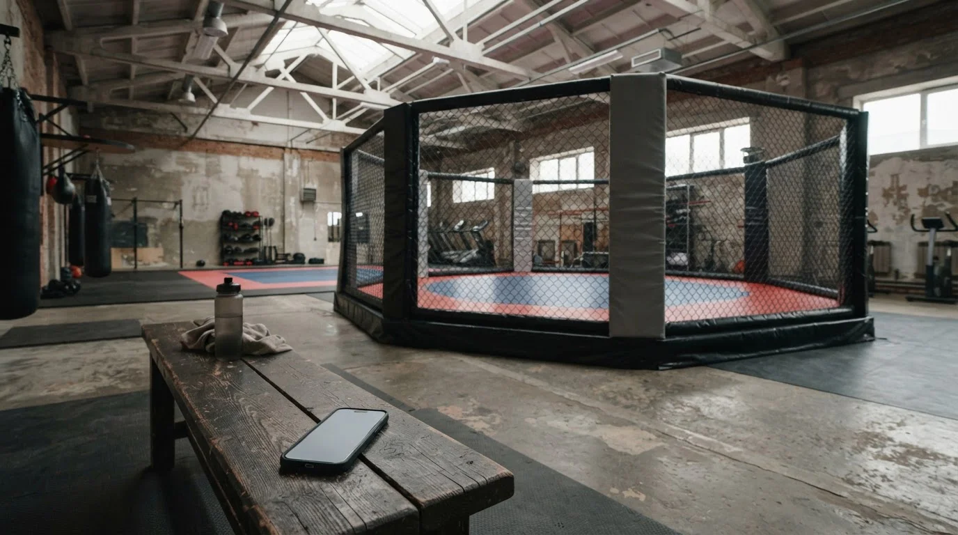 Pusta klatka treningowa MMA i smartfon na drewnianej ławce w cichej sali