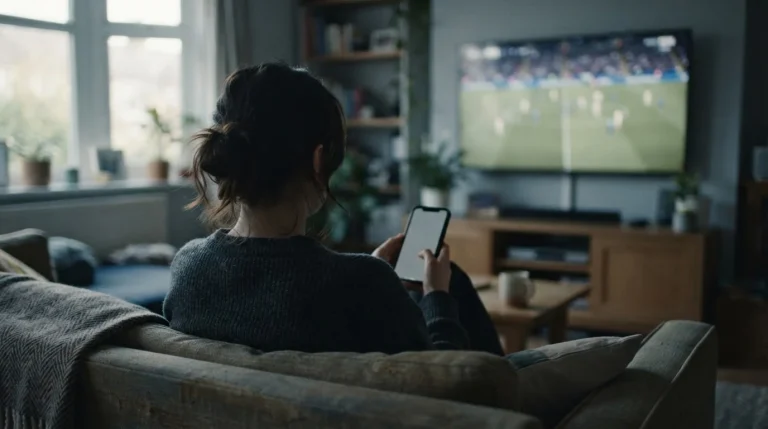 Osoba oglądająca mecz w telewizji ze smartfonem w dłoni
