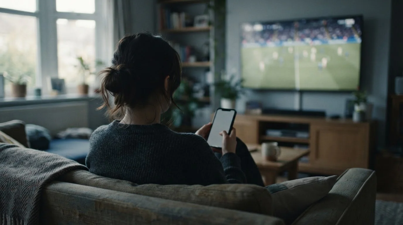 Osoba oglądająca mecz w telewizji ze smartfonem w dłoni