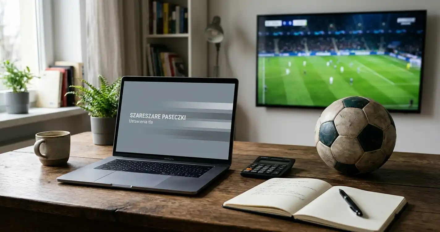 Biurko z laptopem, notesem i kalkulatorem podczas analizy zakładów na mundial