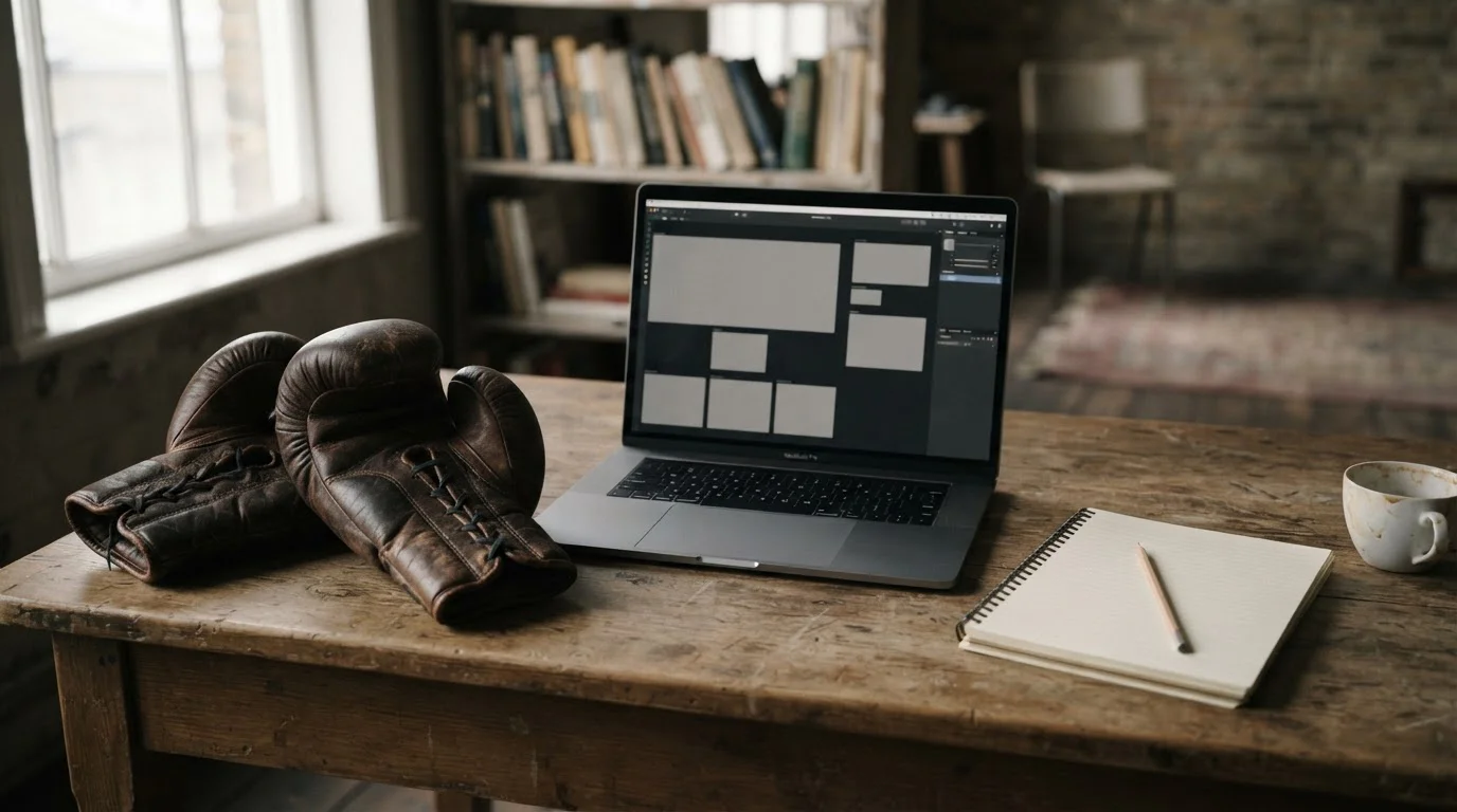 Rękawice bokserskie obok laptopa i notesu na biurku
