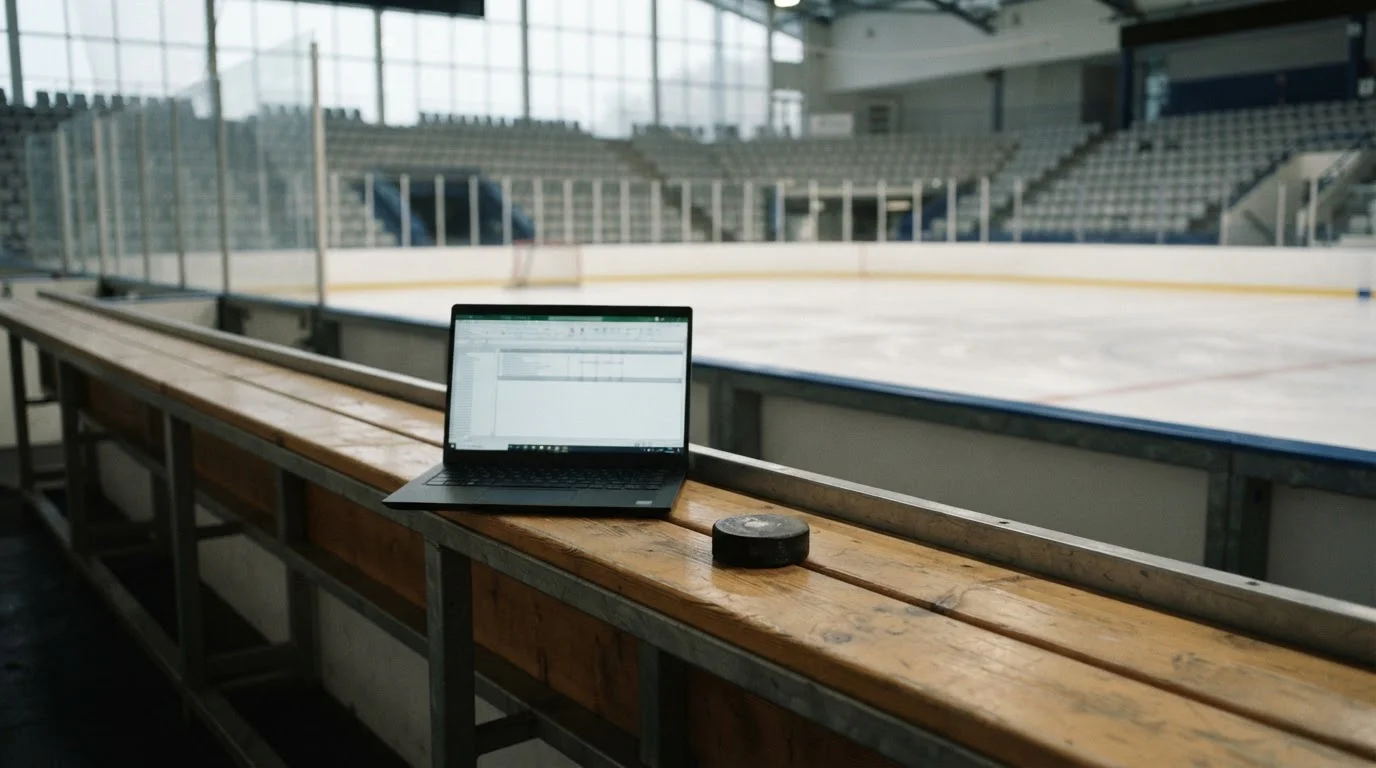 Krążek hokejowy obok laptopa na ławce przy pustym lodowisku