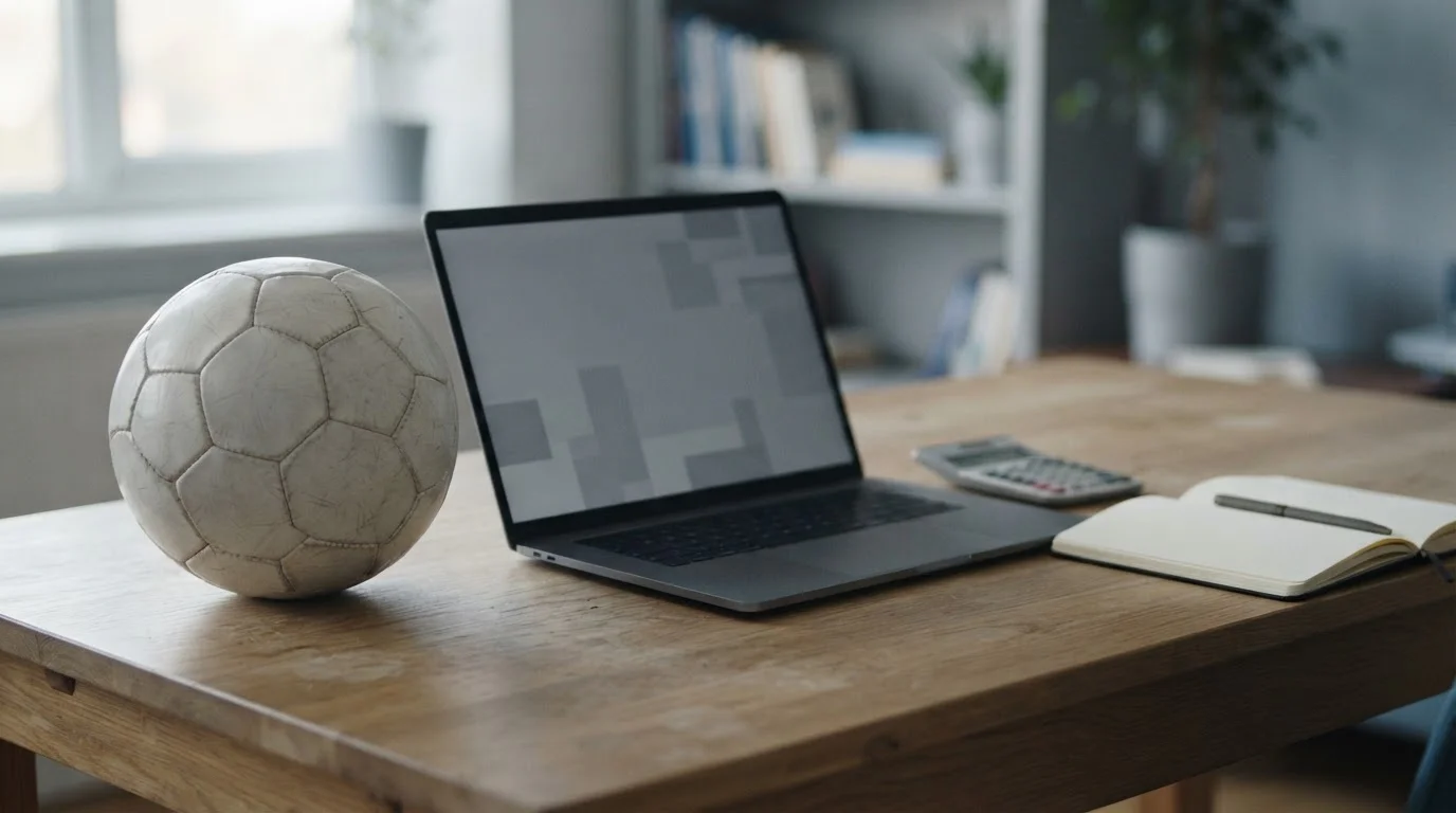 Piłka nożna obok laptopa i kalkulatora na biurku