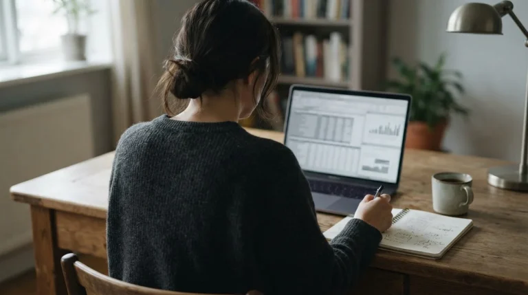 Osoba przy biurku analizuje tabelę kosztów zakładów na laptopie