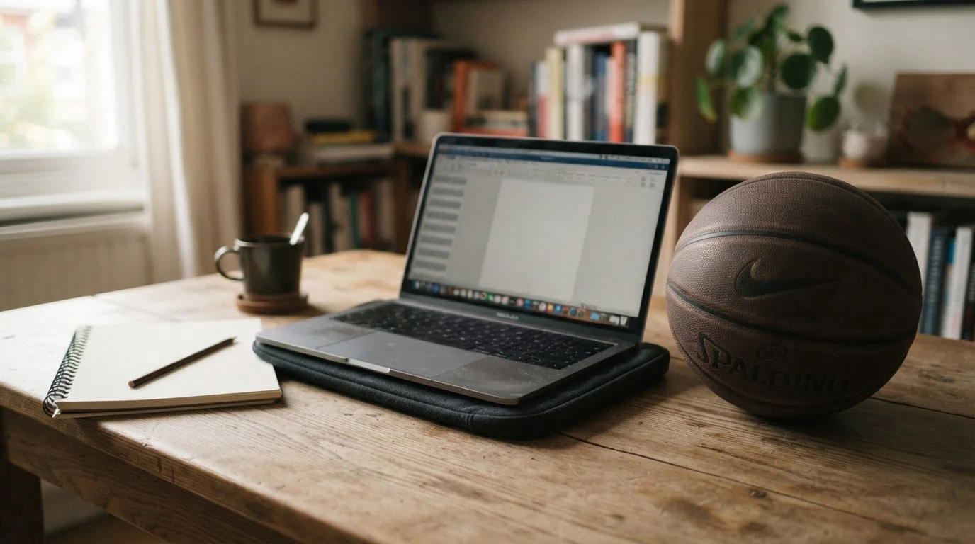 Piłka do koszykówki obok laptopa z neutralną tabelą porównawczą
