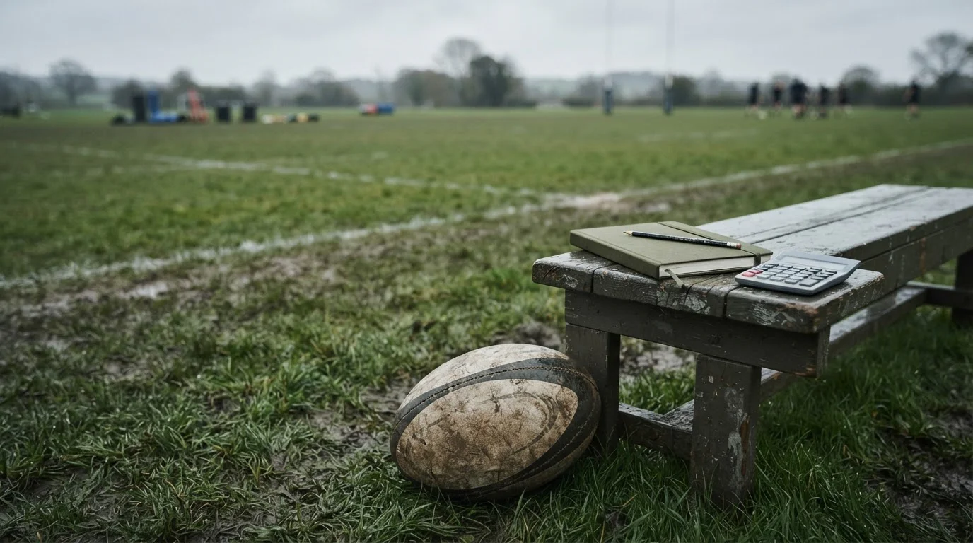 Piłka do rugby na trawie obok ławki z notesem i kalkulatorem