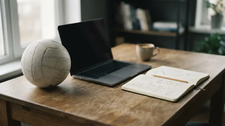 Piłka siatkowa na biurku obok laptopa i notatnika z obliczeniami